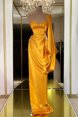 Designer Yellow Gold One Shoulder Long Evening Prom Dress With  Ruffles