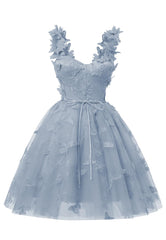 Dusty Blue 3D Butterfly Lace Applique Tulle Homecoming Dress for Teens Sweetheart Mini Short Prom Dresses