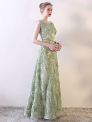 Eleagnt Evening Dresses Long Sage Green Embossment Fabric Texture Sleeveless A Line Floor Length With Sash Wedding Guest Dress