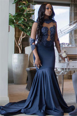 Elegant 3/4 Sleeves Appliques Mermaid Floor-Length Prom Party Gowns