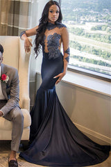 Elegant 3/4 Sleeves Appliques Mermaid Floor-Length Prom Party Gowns