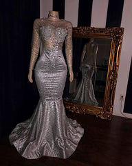 Elegant Appliques Sheer Tulle Prom Dresses Sliver Long Sleevess Mermaid Evening Gowns