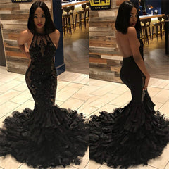 Elegant Black Mermaid Halter Sleeveless Open Back Applique Prom Dresses