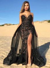 Elegant Black Sweetheart Prom Dresses On Sale Shining Beaded Side Slit Overskirt Evening Dress