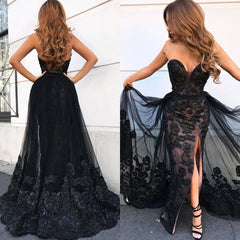 Elegant Black Sweetheart Prom Dresses On Sale Shining Beaded Side Slit Overskirt Evening Dress