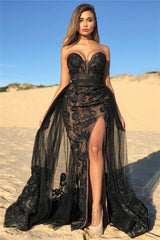 Elegant Black Sweetheart Prom Dresses On Sale Shining Beaded Side Slit Overskirt Evening Dress