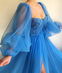 Elegant Blue Tulle Long Sleeves Prom Dress Sweetheart Long Beaded With Slit