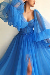 Elegant Blue Tulle Long Sleeves Prom Dress Sweetheart Long Beaded With Slit