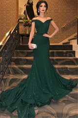 Elegant Dark Green Mermaid Evening Dresses Chic Off Shoulder Sequins Prom Dresses New Arrival