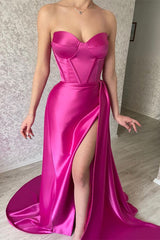 Elegant Fuchsia Sweetheart Long Prom Dress Split With Ruffles