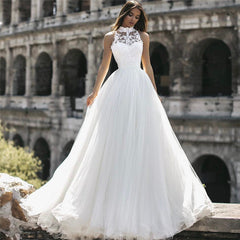 Elegant High Neck Sleeveless Appliques A-Line Floor-Length Wedding Dresses