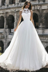 Elegant High Neck Sleeveless Appliques A-Line Floor-Length Wedding Dresses