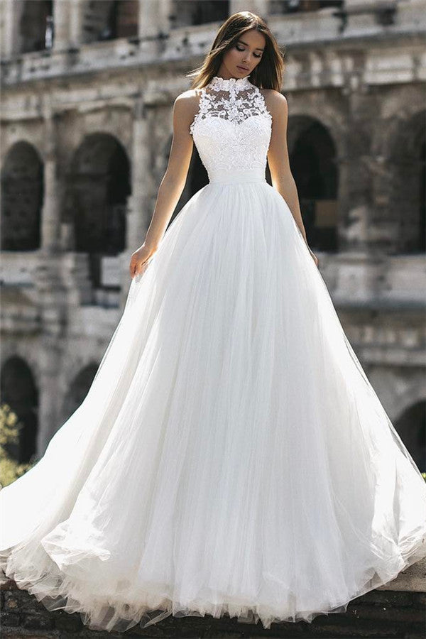 Elegant High Neck Sleeveless Appliques A-Line Floor-Length Wedding Dresses