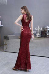 Elegant Illusion neck Burgundy Sleeveless Mermaid Prom Party Gowns