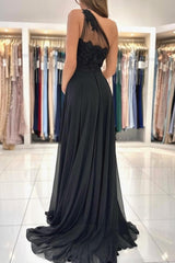 Elegant Long Black Graduation Dresses One Shoulder Lace Prom Dresses With Split Online