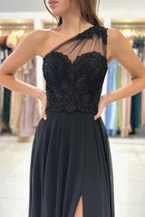 Elegant Long Black Graduation Dresses One Shoulder Lace Prom Dresses With Split Online