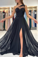 Elegant Long Black Graduation Dresses One Shoulder Lace Prom Dresses With Split Online