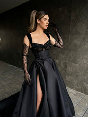 Elegant Long Black Lace Sleeveless Prom Dresses Long Slit Online