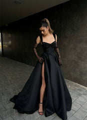 Elegant Long Black Lace Sleeveless Prom Dresses Long Slit Online