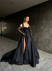 Elegant Long Black Lace Sleeveless Prom Dresses Long Slit Online