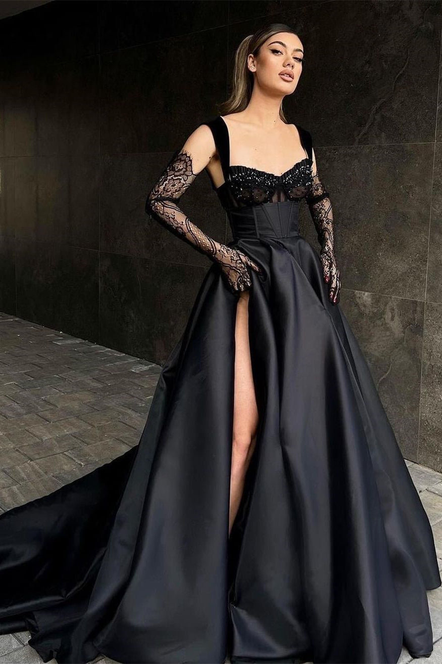 Elegant Long Black Lace Sleeveless Prom Dresses Long Slit Online