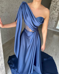 Elegant Long Blue One Shoulder Sleeveless Prom Dresses