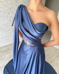 Elegant Long Blue One Shoulder Sleeveless Prom Dresses