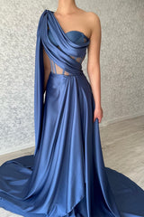 Elegant Long Blue One Shoulder Sleeveless Prom Dresses