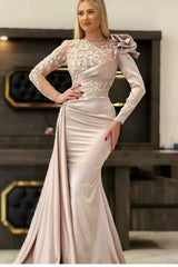 Elegant Long Champagne Mermaid Lace Graduation Dresses With Long Sleeves