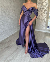 Elegant Long Purple Off-the-Shoulder Sleeveless Prom Dresses Long Slit Online