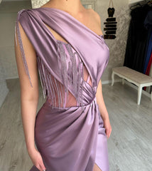 Elegant Long Purple One Shoulder Beading Sleeveless Prom Dresses Long Slit Online