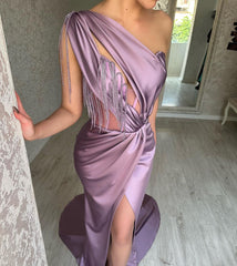 Elegant Long Purple One Shoulder Beading Sleeveless Prom Dresses Long Slit Online