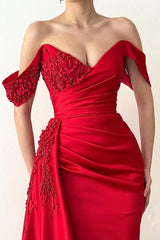 Elegant Long Red Mermaid Off-the-Shoulder Lace Prom Dresses