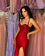 Elegant Long Red Spaghetti Straps Sequins Lace Sleeveless Prom Dresses Long Slit Online