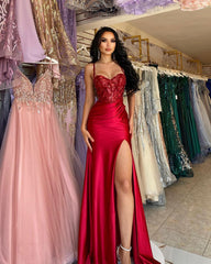 Elegant Long Red Spaghetti Straps Sequins Lace Sleeveless Prom Dresses Long Slit Online