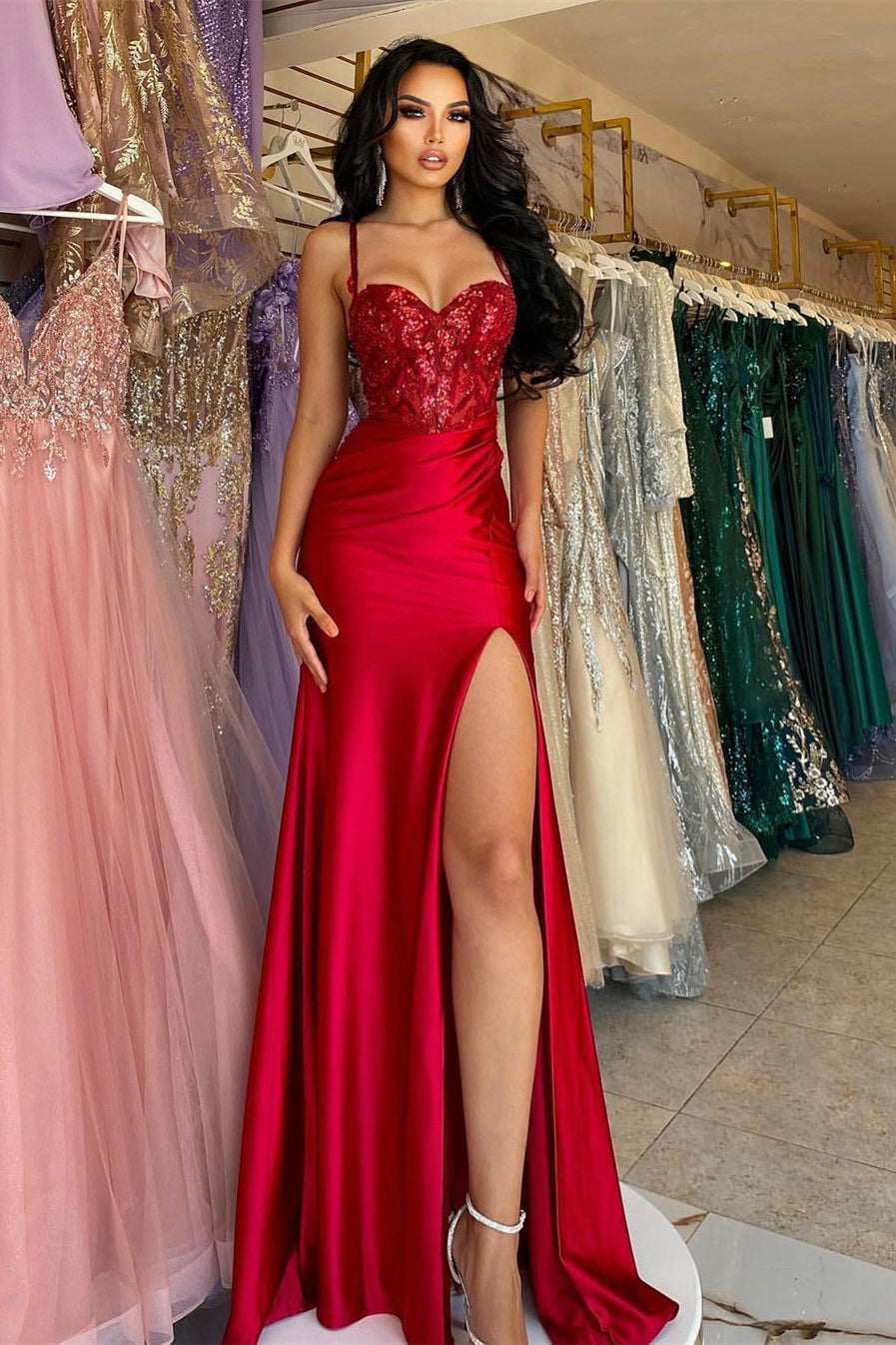 Elegant Long Red Spaghetti Straps Sequins Lace Sleeveless Prom Dresses Long Slit Online