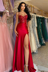 Elegant Long Red Spaghetti Straps Sequins Lace Sleeveless Prom Dresses Long Slit Online