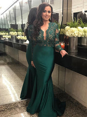 Elegant Long Sleeves Lace Prom Party GownsMermaid Green Women's Party Dress