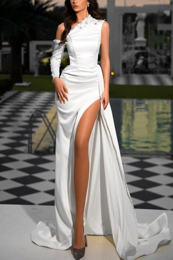 Elegant Long White One Shoulder Sequins Prom Dresses Long Slit Online