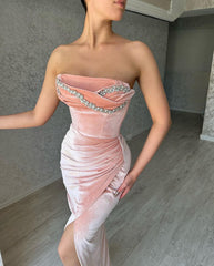 Elegant Mermaid Classic Sleeveless Crystal Prom Dresses Long Slit Online