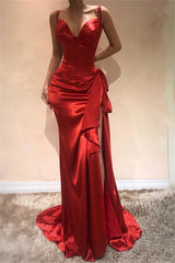 Elegant Mermaid Scarlet Spaghetti Straps Evening Dresses Chic High Split Sleeveless Prom Dresses On Sale