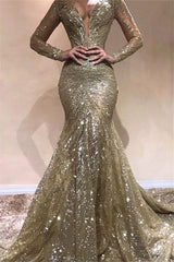 Elegant Mermaid V-Neck Long Sleevess Sequins Prom Dresses