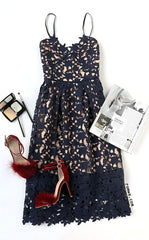Elegant Navy Blue Lace Ankle-length Homecoming Dress