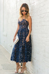 Elegant Navy Blue Lace Ankle-length Homecoming Dress