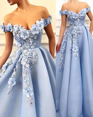 Elegant Off-The-Shoulder Flower Appliques Sleeveless A-Line Prom Party Gowns