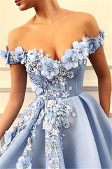 Elegant Off-The-Shoulder Flower Appliques Sleeveless A-Line Prom Party Gowns