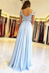 Elegant Off-the-shoulder Low Back Prom dresses with Chic High Split Ligh Sky blue Evening Gowns with Lace appliques