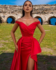 Elegant Off-the-Shoulder Red Prom Dress Long With Slit