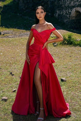 Elegant Off-the-Shoulder Red Prom Dress Long With Slit