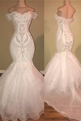 Elegant Organza Off-the-shoulder Mermaid Wedding Dress Sequins Long Lace